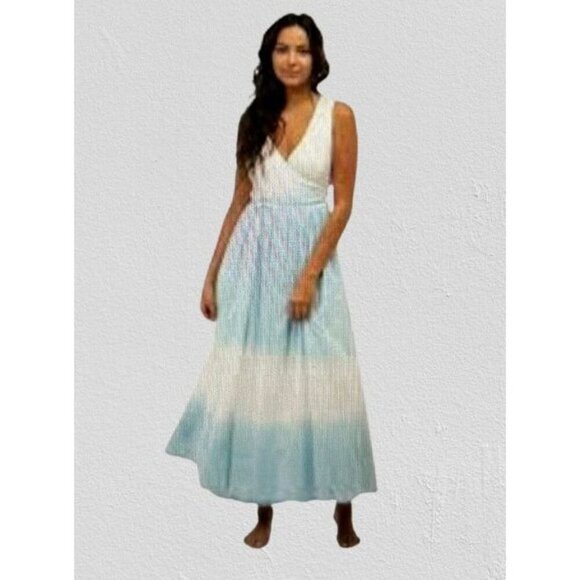 Beau & Ro Womens Ombre Blue & White Sleeveless Wrap Midi Dress Cotton Blend - Picture 1 of 10